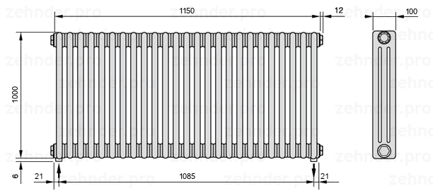 Схема (чертеж) Радиатор Zehnder Charleston 3100/25 №3570 Белый глянцевый RAL 9016